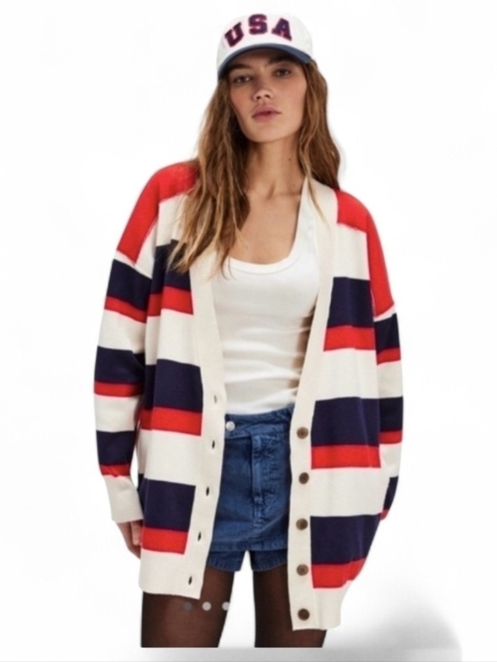 FREE PEOPLE League Of Her Own Red White Blue Striped Oversized Cardigan - Small